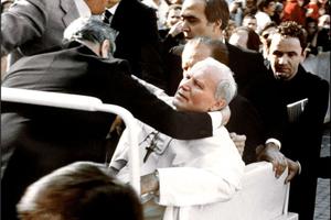 ‘Mary, my mother; Mary, my mother.’ Bodyguards hold Pope John Paul II after he was shot May 13, 1981, in St. Peter’s Square by Turkish gunman Mehmet Ali Agca. After he was shot, the Pope appealed to the intercession of the Blessed Mother. Agca was jailed for 19 years in Italy for the attack on the Pope, which left the Holy Father seriously wounded. Agca was pardoned by the Italian president in June 2000 and extradited back to Turkey, where he was jailed for a 1979 murder.