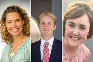 L to R: Catholic seniors Maggie Peter, a communication arts major at Franciscan University of Steubenville; Patrick Caughron, of Thomas Aquinas College in California; and Bridget Duffy, an English language and literature major at Christendom College in Front Royal, Virginia; and others reflect on the past year and what they’ve learned.