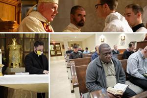 Clockwise from top: Joseph Mominee is ordained a deacon by Bishop Daniel Thomas of Toledo, Ohio, in 2020; Deacon Mominee will be ordained a priest June 26. Deacon Guy Dormevil prays in the chapel at St. John XXIII Seminary; Deacon Dormevil will be ordained a priest on June 12. And Deacon Michael Lombardi makes his ‘Profession of Faith’ and ‘Oath of Fidelity’; Deacon Lombardi will be ordained a priest June 19.