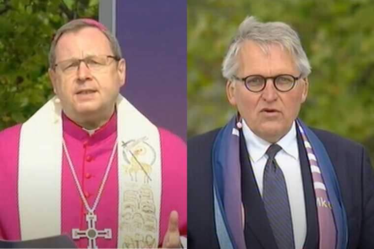 (L-R) Bishop Georg Bätzing, the president of the German bishops’ conference alongside Thomas Sternberg, president of the Central Committee of German Catholics, address Ökumenischen Kirchentag in Frankfurt, May 16, 2021.