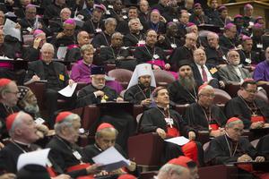 Cardinals and bishops inside the Synod hall during meetings on the Synod on the Family in Vatican City on October 21, 2015.