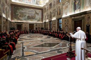 December 21, 2019: Pope Francis received in audience the Cardinals and the Superiors of the Roman Curia for Christmas greetings, Dec. 21, 2019.