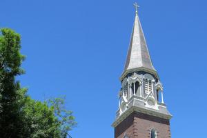 The spire of St. Michael’s Cathedral is seen in Springfield, Massachusetts.