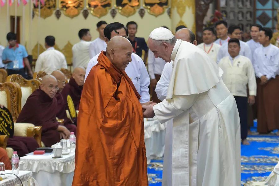 Pope Francis meets with Bhaddanta Kumarabhivamsa, head of the Supreme Sangha Council, in Yangon, Myanmar, Nov. 29, 2017.