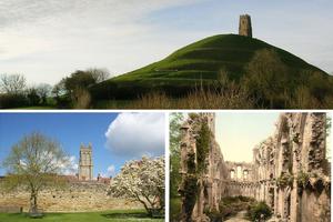 During the Middles Ages, the shrine at Glastonbury attracted many pilgrims. Since the late 16th century, Glastonbury waned. The town’s hill and the abbey’s ruins are seen above in new and circa 1900 images.