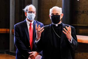 San Francisco Archbishop Salvatore Cordileone during a tour of St. Mary's Cathedral with Nikolaus Hohmann, Chairman of the SFCM Humanities Department at the SF conservatory of music.