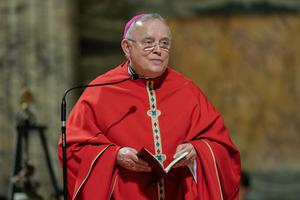 Archbishop Charles Chaput of Philadelphia speaks to members of the U.S. Conference of Catholic Bishops' Region III during their ad Limina Apostolorum visit, at the Basilica of Saint Paul Outside the Walls in Rome, on Nov. 27, 2019.