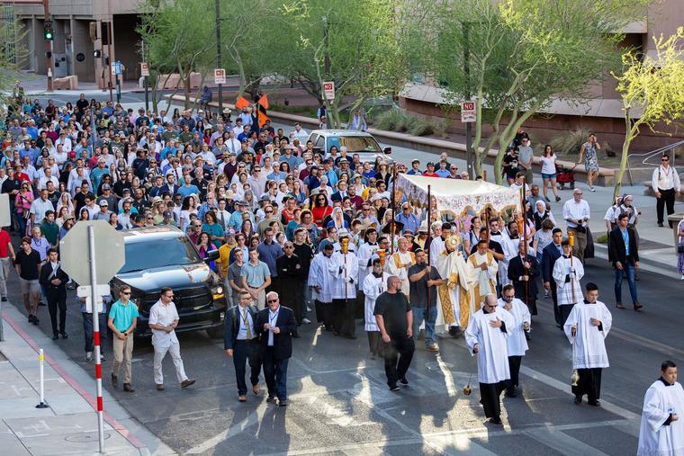 The Most Rev. Thomas J. Olmsted, bishop of the Diocese of Phoenix, led the Eucharistic procession on Corpus Christi Sunday, June 6, through the streets of downtown Phoenix. The Eucharistic procession, in combination with the recent release of Bishop Olmsted’s apostolic exhortation ‘Veneremur Cernui,’ continues the celebration of the Year of St. Joseph.