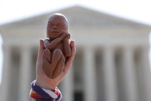 A pro-lifer holds up a model of a second-trimester unborn child during a protest in front of the U.S. Supreme Court June 22, 2020, in Washington. The Biden administration's record-amount budget did not protect the longtime Hyde Amendment, which prohibits taxpayer funding of abortion.