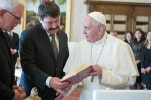Pope Francis exchanges gifts with  President of Hungary Janos Ader during an audience at the Apostolic Palace on February 14, 2020 in Vatican City.