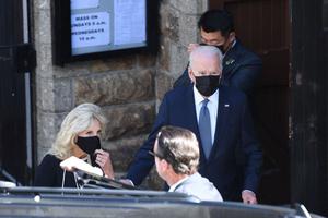 President Joe Biden and First Lady Jill Biden leave Mass in St Ives, Cornwall during the G7 summit on June 13, 2021.