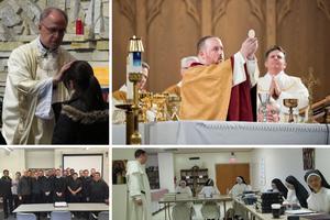 Clockwise from top left: Father James Livingston blesses a parishioner on the feast of St. Blaise. Father Christopher Ford offers his June 2, 2019, thanksgiving
Mass at St. Francis of Assisi Church in Naugatuck, Connecticut. Father Andrew Hofer teaches contemplative nuns from different cloistered monasteries as part of the Monastic Theological Studies program at the Dominican Monastery of Our Lady of the Rosary in Summit, N.J. And Father Dennis Billy smiles with his students when he was teaching at St. Charles Seminary in 2016.