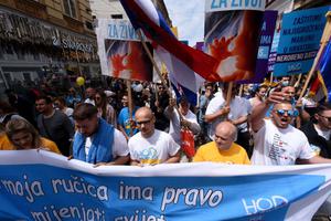 People take part in the "March for Life", the Croatia's fifth annual pro-life march, in Zagreb on May 29, 2021.