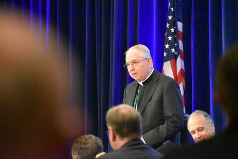 Archbishop Jose H. Gomez of Los Angeles addresses his brother bishops after being elected to a 3 year term as President of the United States Conference of Catholic Bishops during the second day of the USCCB's Fall Meeting in Baltimore, Nov. 11, 2019