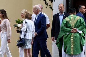 President Joe Biden (C) and First Lady Jill Biden (2nd L) leave St. Joseph on the Brandywine Catholic Church in Wilmington, Delaware, June 19, 2021.