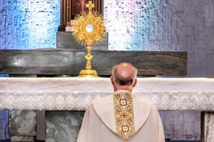 Archbishop Salvatore Cordileone prays before the Blessed Sacrament in the monstrance in Eucharistic adoration in 2021.