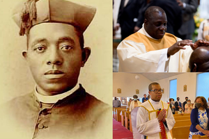 Venerable Father Augustus Tolton (left)  alongside Father Guy Dormevil (top right) and Father Raney Johnson (bottom right).