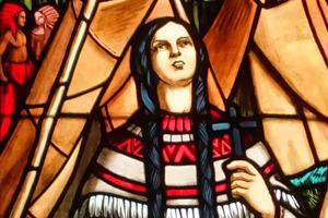 Stained-glass window depicting St. Kateri Tekakwitha in the Notre-Dame de Montréal Basilica in Montreal, Quebec