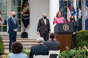 Speaker of the House Nancy Pelosi delivers remarks on the American Rescue Plan in March 2021 at the White House.