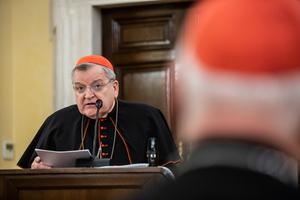 Cardinal Raymond Burke speaks during the presentation of the new book "Christvs Vincit," by Bishop Athanasius Schneider, in Rome on Oct. 14, 2019.