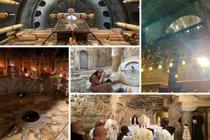 Clockwise from top left: Church of the Holy Sepulchre, the Angelus takes place in the cave of the Virgin Mary, a woman prays outside of the Holy Sepulchre and the place where Jesus was born.