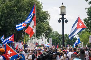 Protesters in favor of democracy in Cuba protest in front of the White House in Washington, D.C. on July 26, 2021.
