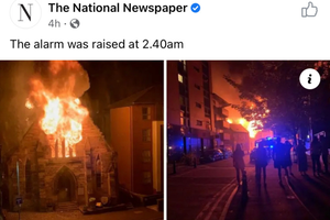 St. Simon’s, Partick, in Glasgow, Scotland enguled in flames.