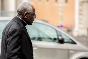 Cardinal Robert Sarah, prefect of the Congregation for Divine Worship and the Discipline of the Sacraments, arrives for the afternoon session of the Amazon Synod at the entrance of the Vatican's Synod Hall, October 15, 2019.