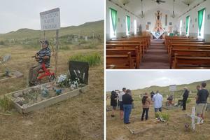 Clockwise from left: George Looks Twice, who is responsible for initiating the canonization process for Black Elk, sits by his grandfather's grave. St. Agnes Catholic Church is in Manderson, South Dakota, on the Pine Ridge Reservation, where Nicholas Black Elk ministered. Knights of Columbus, along with other Lakota Catholics and descendants of Black Elk, gather for prayer around Black Elk's grave as part of their pilgrimage this month.