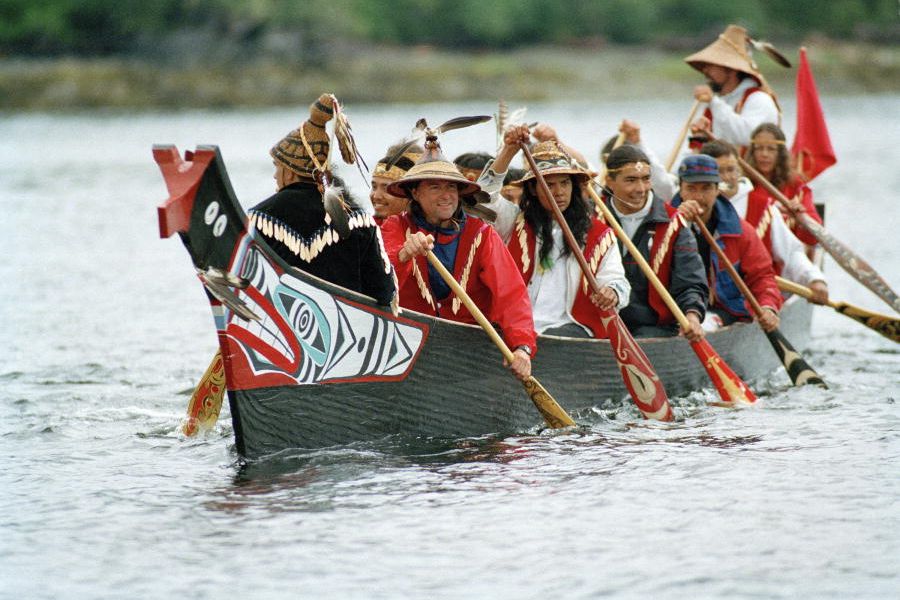 A Squamish Nation canoe approaching Bella Bella, Canada, June 27, 1993.