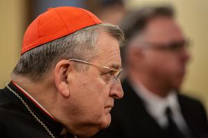 Cardinal Raymond Burke listens in the audience during the presentation of the new book "Christvs Vincit," by Bishop Athanasius Schneider, in Rome on Oct. 14, 2019.