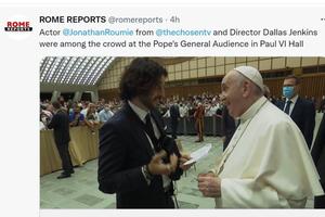 Actor Jonathan Roumie meets Pope Francis following his general audience on Aug. 11.