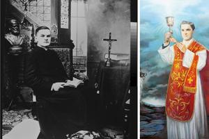 L to R: Father Michael McGivney is shown seated in a studio rectory setting, dressed in a long cassock; photo attributed to John J. Tierney. Digitized from black and white copyprint; 1870-1879 approximately.
A painting, entitled, ‘Father McGivney with Scene of the Crucifixion,’ oil on canvas, 2012, by Antonella Cappuccio, was commissioned by the Knights of Columbus Supreme Council to further the evangelization efforts of the Catholic Church through the image of then-Venerable Michael J. McGivney. L to R: Father Michael McGivney is shown seated in a studio rectory setting, dressed in a long cassock; photo attributed to John J. Tierney. Digitized from black and white copyprint; 1870-1879 approximately.
A painting, entitled, ‘Father McGivney with Scene of the Crucifixion,’ oil on canvas, 2012, by Antonella Cappuccio, was commissioned by the Knights of Columbus Supreme Council to further the evangelization efforts of the Catholic Church through the image of then-Venerable Michael J. McGivney.
