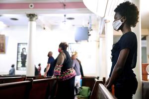 Parishioners attend Sunday Mass at St. Augustine Catholic Church on August 15, 2021 in New Orleans, Louisiana. Parishioners wore face coverings during Mass inside the historic church which is recognized as the oldest Black Catholic parish in the country. Hospitalizations in the state for COVID-19 passed another record August 13th to 2,907 patients, the last date for which data is available.