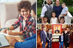 The number of home-schooling households rose from 3.2 million in 2020 before the pandemic to 6.8 million in August 2020. Those households include the Acosta and Lobo families. Julie and Omar Acosta are shown, top right, with their children Analia, Camila,  Mariela and Lucas. Bottom right, David and Phyllis Lobo and their sons Vimal (center left) and Antonio (center right) are shown at St. Mary's Church in New Haven, Connecticut, during the October 2020 beatification weekend festivities for Blessed Michael McGivney.