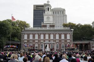 Pope Francis speaks at Independence Hall in Philadelphia on Sept. 26, 2015, in Philadelphia.