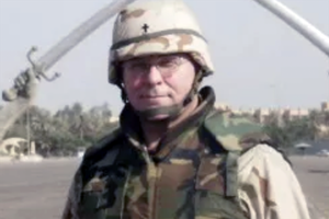 ON THE GROUND. Msgr. Philip Hill in Baghdad's Saddam Hussein Square.