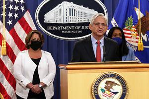 US Attorney General Merrick Garland announces the Department of Justice is filing a lawsuit against the state of Texas over the state’s new law that protects unborn children from abortion after six weeks in utero, as Deputy Attorney General Lisa Monaco (L) and Associate Attorney General Vanita Gupta look on.