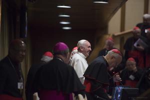 Pope Francis inside the Synod hall during meetings on the Synod on the Family in Vatican City on October 21, 2015.