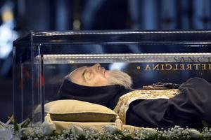 The body of Padre Pio, who died in 1968 and was canonized in 2002, is displayed Feb. 6, 2016, for veneration in St. Peter's basilica at the Vatican. The body of Padre Pio, who died in 1968 and was canonized in 2002, is displayed Feb. 6, 2016, for veneration in St. Peter's basilica at the Vatican.