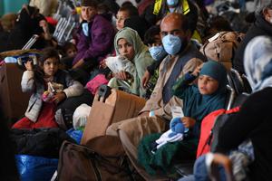 Afghan refugees are being processed inside Hangar 5 at Ramstein Air Base in Germany on Sept. 8.