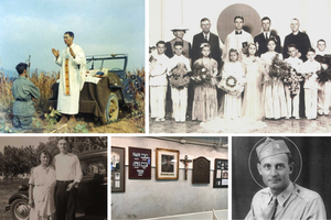 (T-L) Father Emil Kapaun celebrating Mass using the hood of a Jeep as his altar, Oct 7, 1950. (T-R) Father Emil Kapaun (center) poses for a picture with members of his congregation after celebrating his first mass as a priest at St. John Nepomucene Church in Pilsen, Kan., in 1940. (B-L) Emil Kapaun and his mother, Bessie, prior to his ordination to the priesthood in 1939. (B-M) Photos and mementos on display at his parish in Pilsner. (B-R) Servant of God Fr. Emil Joseph Kapaun was a Roman Catholic Priest and United States Army captain who served as a United States Army chaplain during World War II and the Korean War.