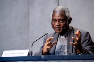 Cardinal Peter Turkson, Prefect of the Dicastery for Promoting Integral Human Development, during a press conference on "Preparing the future, building peace in the time of Covid-19" inside the Vatican Press Office, July 7, 2020.