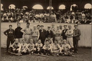 Boston Chapter Knights of Columbus Baseball Team taken at the Huntington Avenue Grounds after the Boston team lost to New York, 17-6. Identifiable are: Mike Sullivan, top row, third from left, Tommy McCarthy, top row, fourth from left. Mike Sullivan pitched for Boston professionally in 1898 and 1899. McCarthy played for Boston from 1884-1885 and 1892-1896.