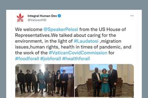 The Vatican Dicastery for Promoting Integral Human Development tweeted about the visit of U.S. Speaker of the House Nancy Pelosi to the Vatican on Friday.
