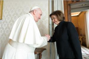 Pope Francis greets House Speaker Nancy Pelosi at the Vatican Oct. 9.