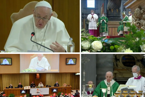 (L) Pope Francis takes part in a moment of reflection for the opening of the synodal path for the 2023 Synod on Synodality at the Vatican’s New Synod Hall Oct. 9. (R) Pope Francis celebrates Mass at St. Peter’s Basilica opening the worldwide synodal path, Oct. 10, 2021.