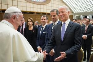 Pope Francis and U.S. Vice President Joe Biden at the International Conference on Regenerative Medicine in Vatican City on April 29, 2016.