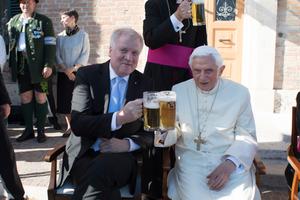 Pope emeritus Benedict XVI celebrates his 90th birthday (April 16) with Bavarian delegates in Vatican City on April 17, 2017. Also in attendance was Monsignor Georg Ratzinger, Benedict's 93-year-old brother, and Archbishop George Gänswein.