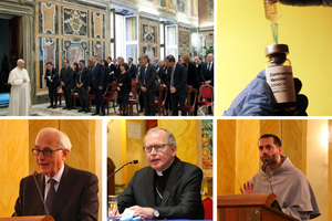 Clockwise from left: Pope Francis meets participants in a congress promoted by the Italian Society of Hospital Pharmacy and Pharmaceutical Services of Health Authorities at the Vatican Oct. 14. COVID vaccine being administered by a nurse. Father Serafino Lanzetta, a professor of dogmatic theology. Cardinal Wilhelm Eik speaking at Saturday's conference. Professor Roberto de Mattei, a lecturer in Church history at the European University of Rome